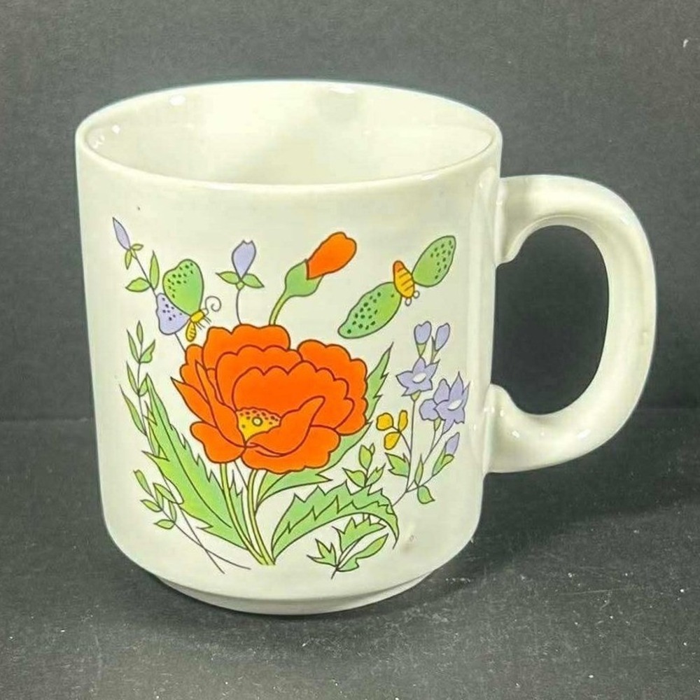Orange Poppy Coffee Mug White Floral Butterfly Vibrant 70s Retro Ceramic Kitsch‎
